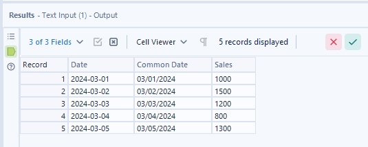 Example of a date column and a string column next to eachother showing a date