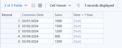 Results of a date conversion error in Alteryx showing a null column