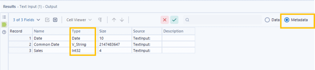 The metadata view of Alteryx showing date and V_String data types of two date columns