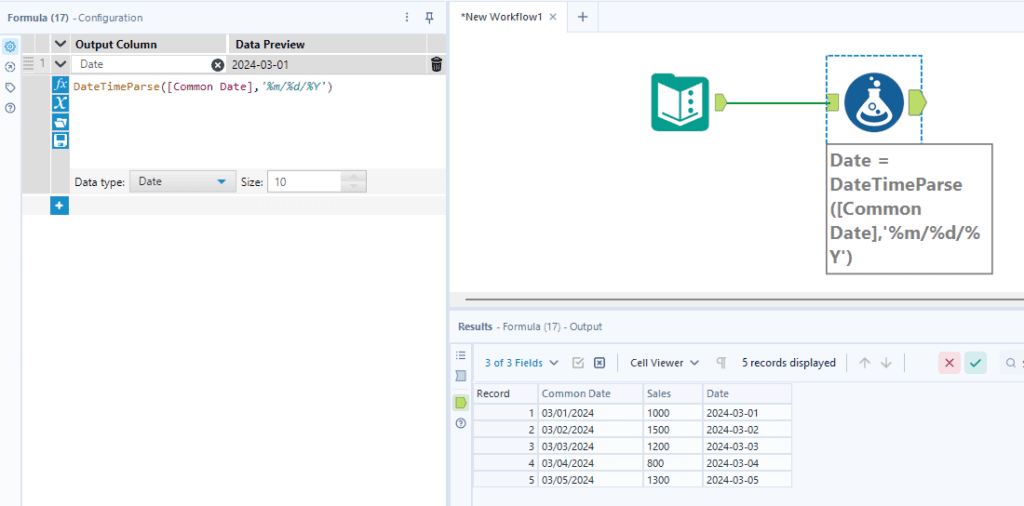 Using a DateTimeParse formula to convert a string to a date in a formula tool
