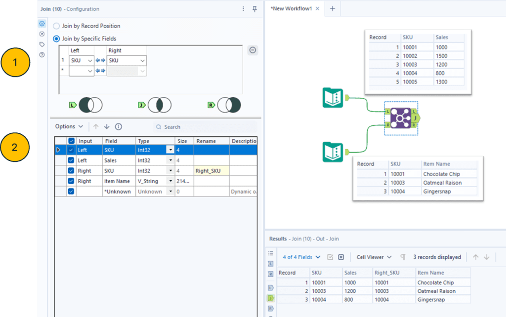 Example of configuring a Join tool to combine data based on a common value like an Excel VLOOKUP