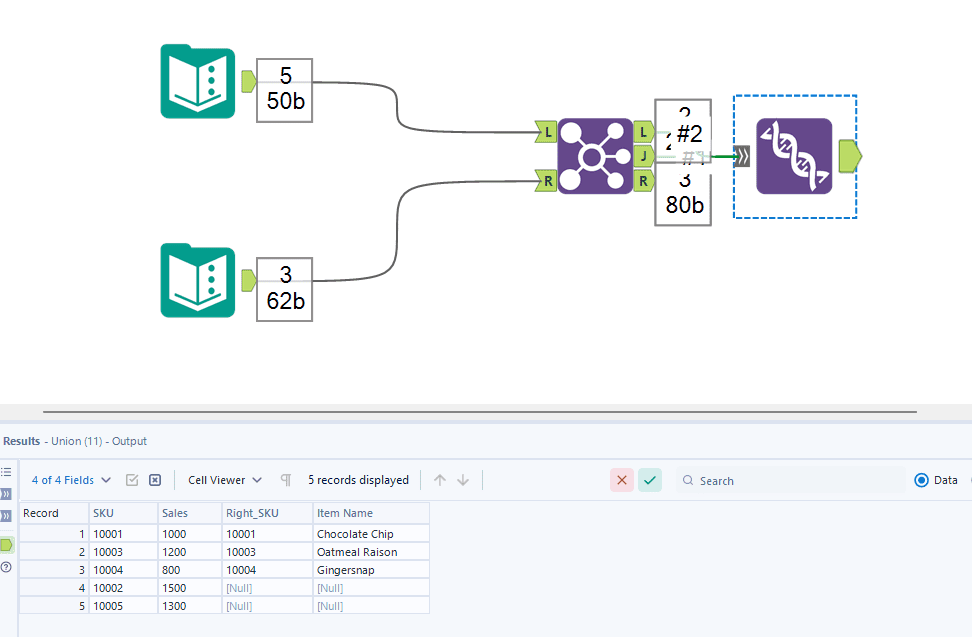 Example of using a Join and Union tool to create a Left Join
