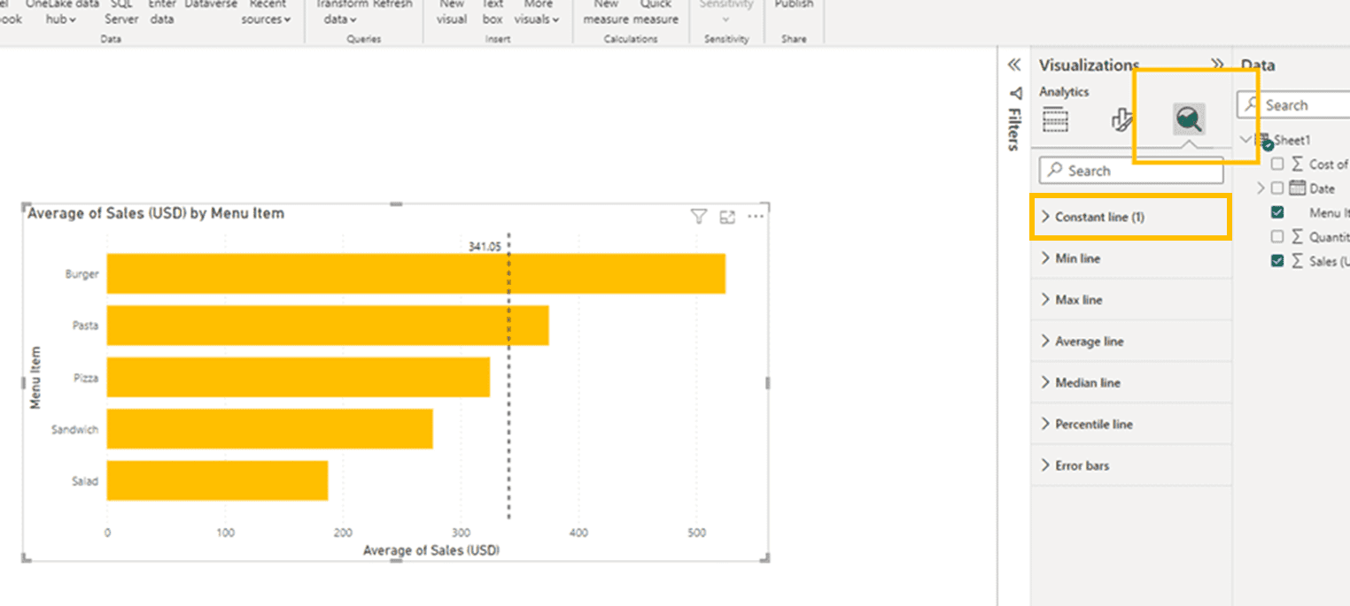 The add Constant Line option is available when selecting a visual and going to the Add Further Analysis to Your Visual settings under the visualizations panel 
