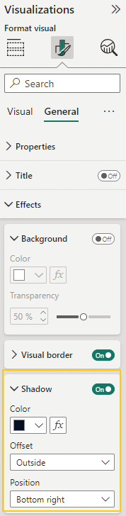 Applying drop shadows to a Power BI visual from the Format Your Visual Panel's Effects settings