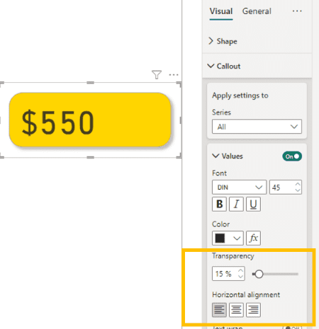 Screenshot of the horizontal alignment settings in the New Card visual in Power BI to align text left, align text center or align text right.
