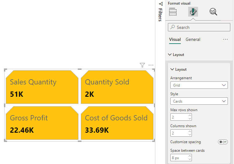 Example of adjusting the new card visual into a grid with 2 rows and 2 columns