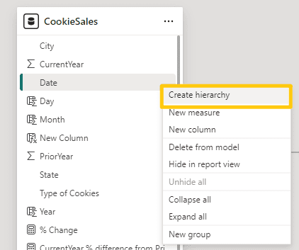 Creating a custom hierarchy in the Power BI relationship editor