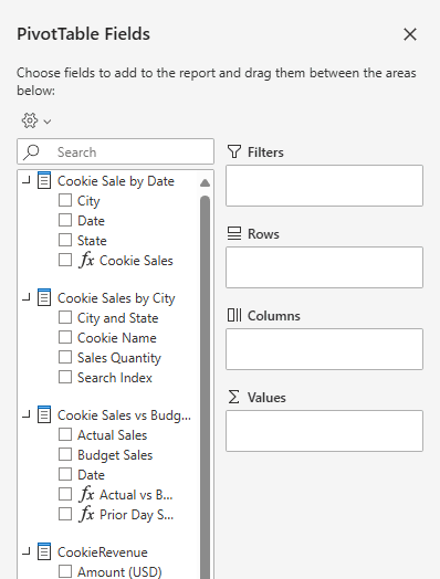 Screenshot of the Pivot Table fields panel connected to a Power BI semantic model as an alternative to exporting