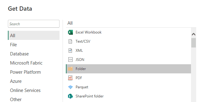 The Folder selection from the Get Data dialog box in Power BI 