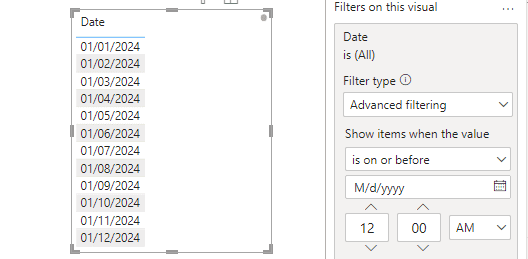 Example of only being able to filter on a static date using the built in Power BI filtering options