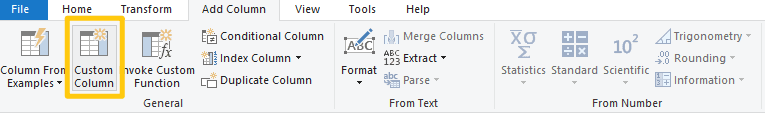 Screenshot of the Custom Column button in Power Query