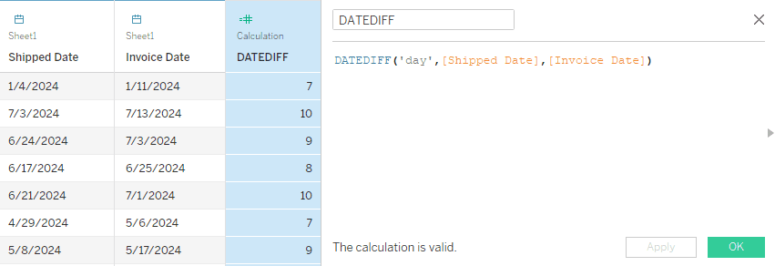 A DATEDIFF formula calculating the number of days between two columns in Tableau