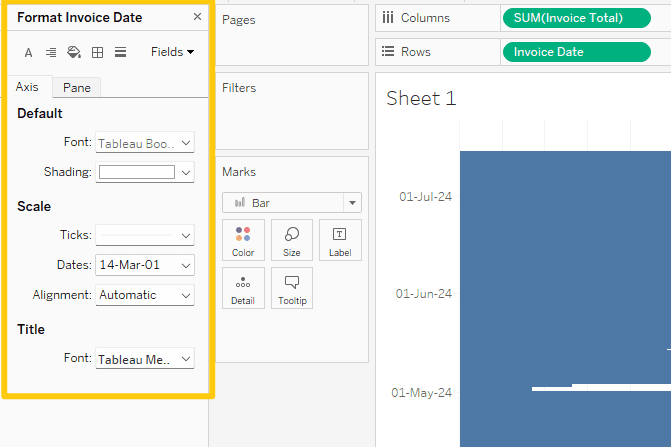 Screenshot of the Tableau Desktop Format Date panel when adjusting the date format on a visual